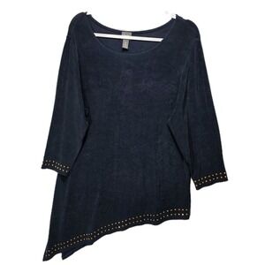 Chicos Travelers Tunic Top Women L Asymmetric Hem Gold Studded Navy Blue Size 2